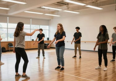 A group of diverse students engaged in a performing arts workshop in a modern community center in the Pacific Northwest US. Bright, inspiring lighting.