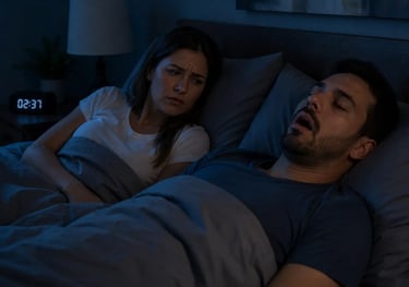 A frustrated woman lies awake in bed while her partner snores loudly, illustrating sleep apnea symptoms.
