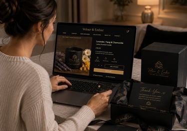 A person shopping online for luxury lavender scented candles on a laptop with premium brand packaging.