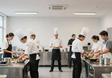A wide shot of a modern training facility where a group of professionals are engaged in a culinary workshop. International / Global attire. Clean, bright, and professional environment. Colors: off-white and mid gray.