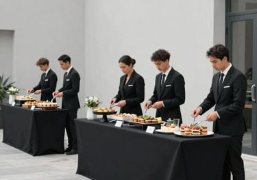 An elegant outdoor corporate event with several sophisticated food stations and professional staff. International / Global context. Minimalist design, clean lighting. Colors: black, charcoal, and light gray.