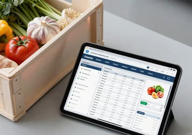 A top-down, clean photograph of a logistics dashboard on a tablet next to a crate of fresh, high-quality ingredients. Professional and organized setting in an International / Global distribution hub. Colors: light gray and off-white.