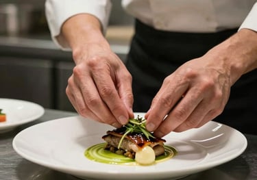 A close-up of a professional chef's hands precisely arranging a high-quality dish in a modern, brightly lit kitchen. International / Global style. The focus is on the precision and quality of the food. Colors: charcoal and off-white.