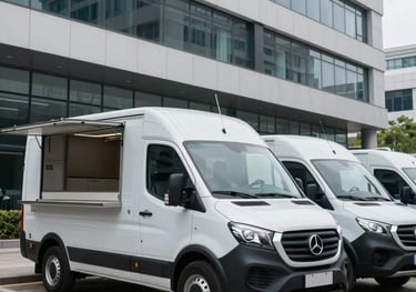 A fleet of modern, clean-lined mobile catering units parked outside a contemporary corporate building. International / Global setting. Daylight, clean aesthetic. Colors: light gray and black.