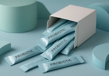A professional studio shot of various probiotic sticks spilling out of their box onto a clean surface, surrounded by abstract shapes in light mint and blue tones.