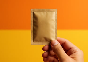 Clean, minimalist photography of a Vitamina C supplement packet held by a hand, with a vibrant orange and yellow background. The focus is sharp on the packaging texture, signifying energy and health.