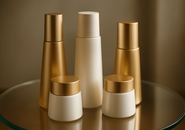 A beautiful shot of the Atomy Absolute CellActive set, showing the elegant gold and white bottles arranged in a circular composition on a glass shelf. Professional lighting.