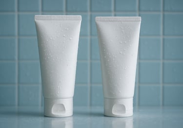 Detailed close-up of a cleansing foam and deep cleanser from the Atomy Evening Care line. Water droplets are visible on the sleek white tubes, set against a background of light blue tiles.