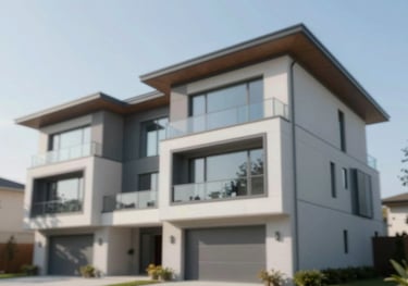 Modern residential architecture of a luxury home under a clear sky. The image uses sharp focus and a high-end editorial style, incorporating tones of #A0B7CD and #F5F8FA.