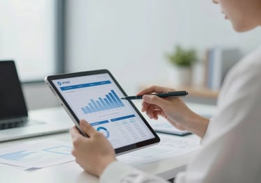 A focused professional in a white shirt reviewing financial documents on a tablet in a bright, modern office. The color palette includes #4F6F8F.