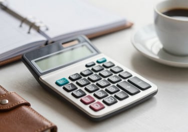 A professional desk setting with a sleek calculator, a leather-bound planner, and a cup of coffee, signifying financial planning and flow.