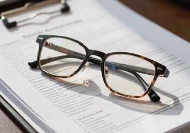 Close-up of a pair of eyeglasses resting on a stack of financial reports and tax documents, soft sunlight coming from the side in a South American executive office.