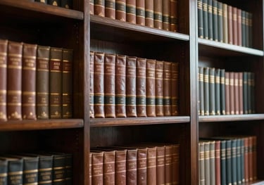 Interior of a classic, high-end legal library with leather-bound books on dark wood shelves, subtle gold accents, South American professional style.