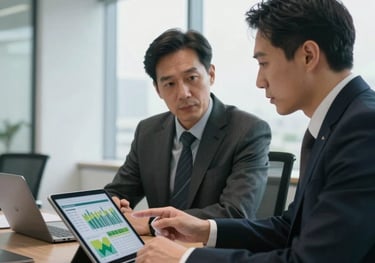 An executive meeting in a modern office with large windows; two professionals in formal attire discussing over a tablet showing agricultural data.