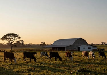 A wide landscape of a South American farm at sunrise, with silhouettes of livestock and a modern barn, capturing the essence of traditional and modern agriculture.