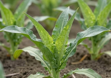 Close-up of healthy green crops in a row, with a focus on a single plant, representing growth and the technical precision of modern agriculture.