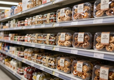 Premium retail-ready food products displayed on high-end shelves in a modern North American / Canadian store, clean and organized.