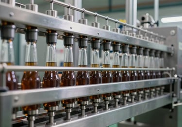 Modern automated bottling line in operation, clean stainless steel, professional depth of field, bright industrial lighting.