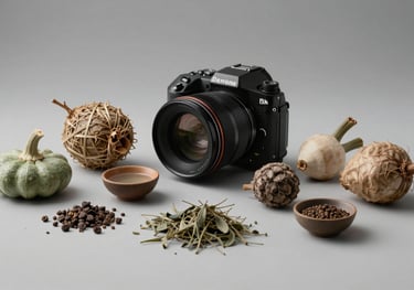 A collection of organic ingredients and raw production inputs on a clean surface, professional studio lighting, mist gray and soft sage palette.