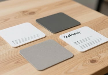 Eco-friendly packaging samples and labels on a light-colored wooden table, professional clean photography style.