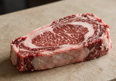 Close-up photography of a premium ribeye steak with perfect marbling on a tan stone countertop. Soft, professional lighting, Southern European / Italian butcher style.