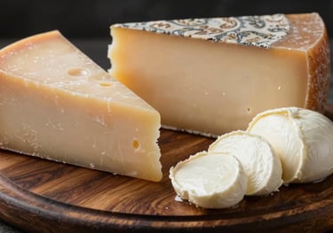 A collection of artisanal Italian cheeses, including a wedge of parmesan and fresh buffalo mozzarella, on a dark brown wooden platter.