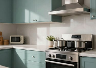 A bright and functional modern kitchen area in a rental apartment, featuring muted teal accents and professional-grade appliances.