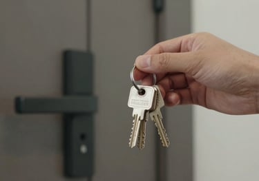 A close-up shot of a hand holding a set of keys in front of a modern apartment door, representing reliable and fast provision of housing.