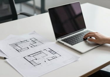 A clean tabletop in a modern office with architectural plans and a laptop, suggesting professional consulting and strategy sessions.