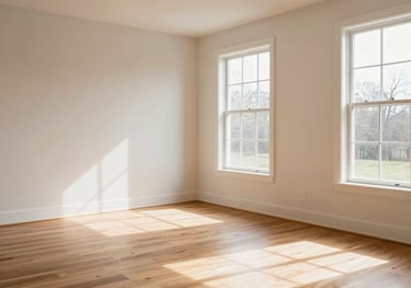 A spacious, brightly lit interior of a Chicagoland home in Greater Chicagoland, US, featuring clean light slate walls and warm hardwood floors. Soft sunlight filters through large modern windows.