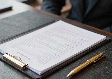 A close-up photograph of a professional document folder sitting on a polished dark slate table beside a warm gold pen in Greater Chicagoland, US. Bright natural light creates a uncluttered, transparent feeling.