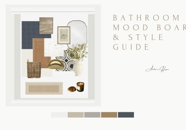 A luxury bathroom mood board and style guide featuring gold fixtures, marble textures, and blue tile patterns.