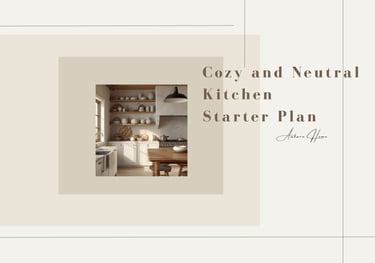 A cozy and neutral kitchen starter plan featuring rustic wooden shelves and minimalist decor.