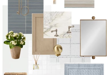Modern bathroom design mood board featuring marble tiles, gold fixtures, and blue accents.
