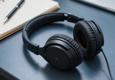 A pair of noise-canceling headphones next to a notepad on a dark steel blue desk, professional North American environment.