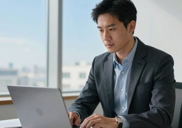 A professional entrepreneur in a bright studio using a high-end laptop, sky blue light coming from a window, clean composition, North American setting.