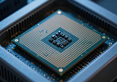 Close-up of a high-tech processor or server rack detail with cool blue lighting, representing speed and automation.
