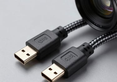An elegant studio close-up of high-speed USB-C woven cables neatly coiled, showing pristine metallic connector pins, resting on a clean gray surface under crisp commercial lighting.