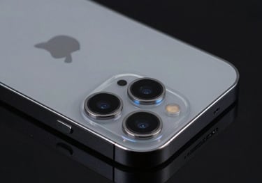 Premium professional close-up of a pristine, flawless space gray iPhone on a highly reflective black surface, glowing subtle blue highlight, razor-sharp focus on the triple camera setup.
