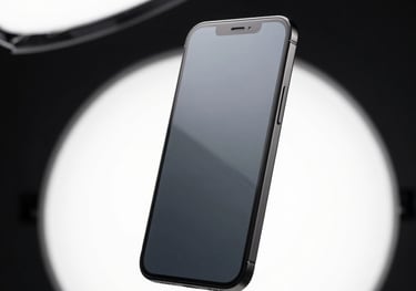 Professional studio product shot of a sleek smartphone showing minor, faint micro-scratches on its metallic frame, reflecting clean white softbox lighting on a dark background, global context.