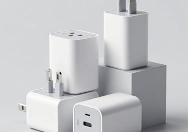 Commercial still life of high-end white fast-charging wall adapters stacked in a clean, geometric pattern on a light gray background, highlighting modern design, global context.