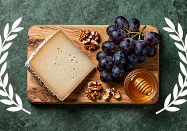 A top-down Scandinavian style food photograph of a rustic cheese board with dark grapes, nuts, and honey. The background is a Matte Forest Green textured surface.