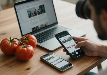 Behind-the-scenes photography of a content planning session. A wooden table with organic tomatoes, a laptop, and a smartphone showing a grid layout. Soft natural light, professional vibe.