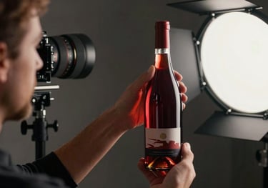 A photographer in a professional studio setting adjusting a light to capture a bottle of artisanal wine. Deep Carmine Red wine reflects the light beautifully.