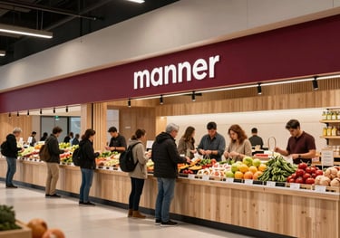 A professional shot of a modern food market interior with light wood and clean lines. Customers are interacting with local farmers. Accents of Deep Carmine Red in the market signage.