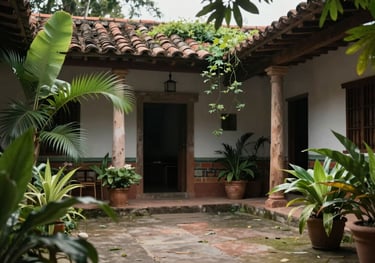 A peaceful scene of a Latin American courtyard with lush green plants and soft natural light, conveying a sense of emotional refuge and professional tranquility.