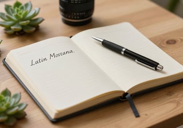 A close-up photography of a journal and a pen on a light wooden table, surrounded by small green succulents, representing the process of introspection in a Latin American setting.