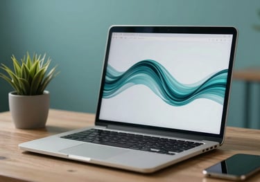 A photography of a peaceful workspace with a laptop showing a wave pattern, a small plant, and soft teal light, suggesting modern digital therapy in a Latin American context.