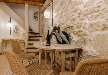 Tonia's Cottage dinning table with chairs and beautiful lamps