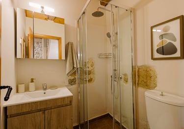 A bathroom with a toilet and a shower in Tonia's Cottage